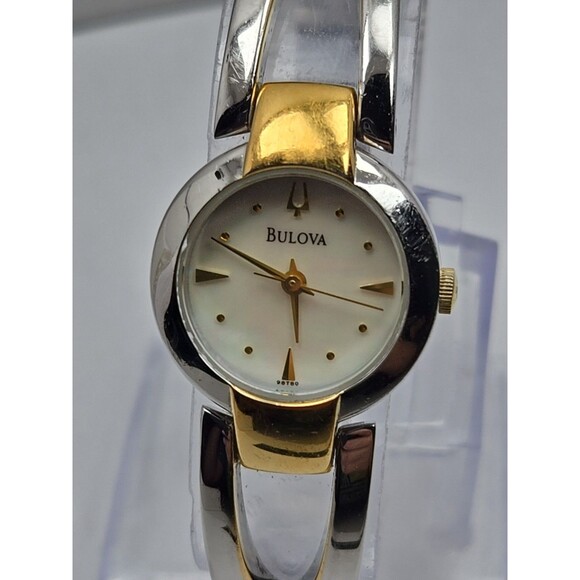 Bulova Ladies Two Tone Bangle Watch MOP Dial Quartz New Battery 22mm Dress Style - Picture 4 of 10